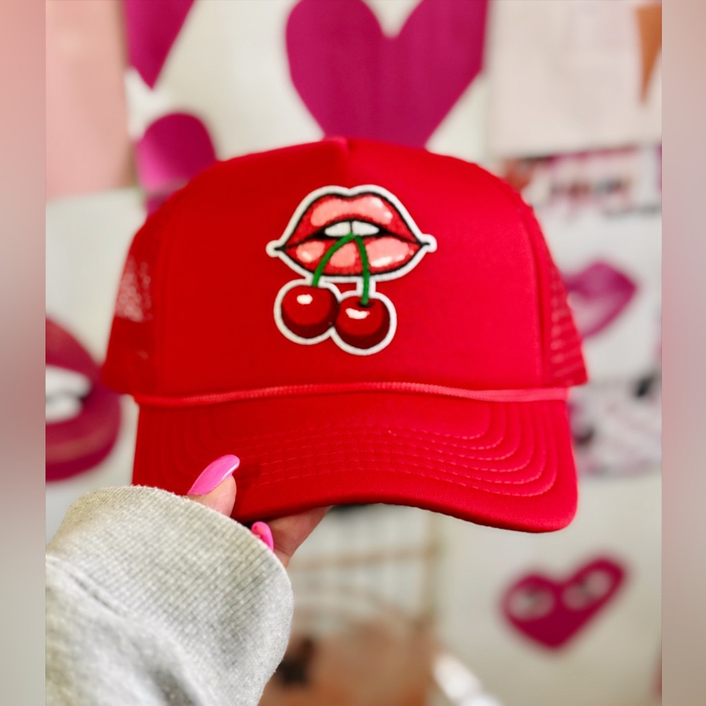 Cherry Kiss Trucker Hat – Red Snapback with Cherries & Lips Graphic